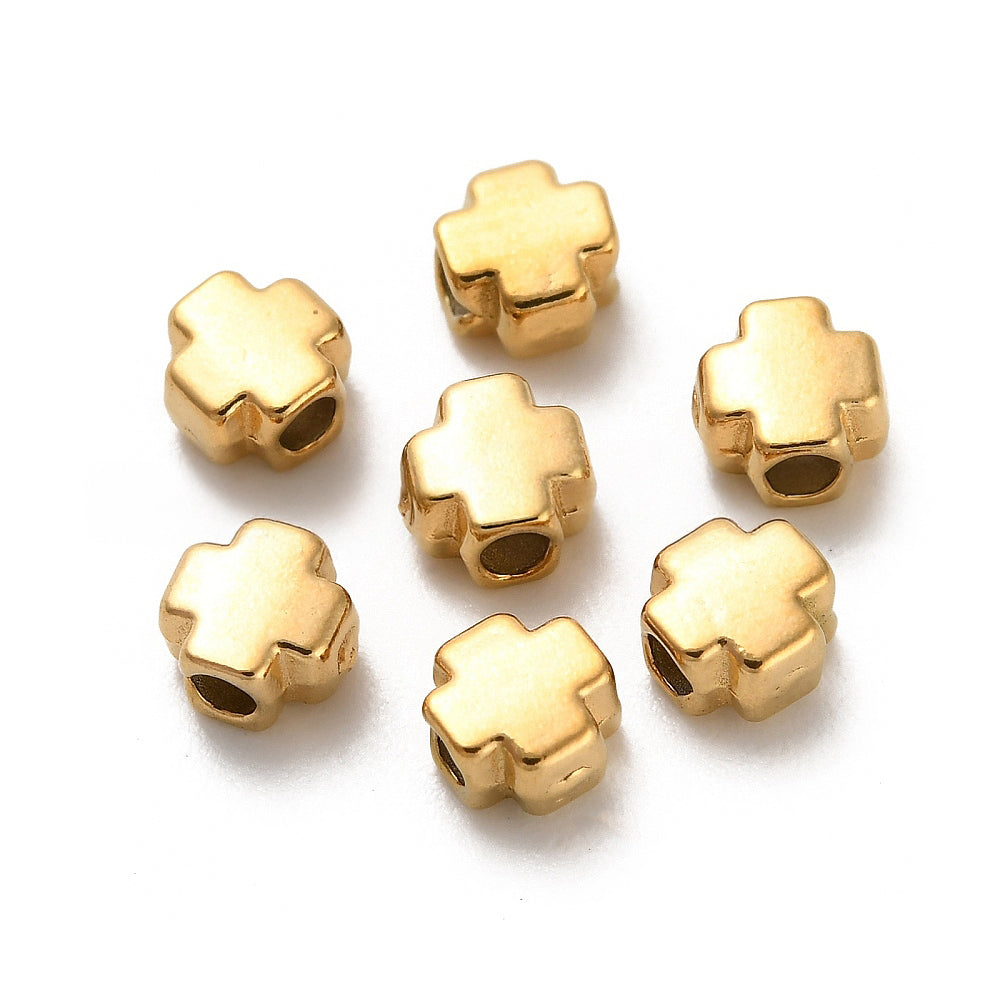 304 Stainless Steel Beads, Cross, Real 18K Gold Plated, 4x4x2.5mm, Hole: 1.4mm, 20 Pcs/Lot