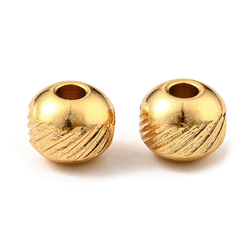 304 Stainless Steel Beads, Round with Twill, Golden, 6x5mm, Hole: 1.5mm, 50 pcs/lot