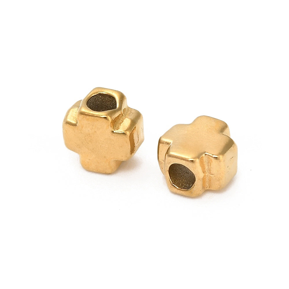 304 Stainless Steel Beads, Cross, Real 18K Gold Plated, 4x4x2.5mm, Hole: 1.4mm, 20 Pcs/Lot
