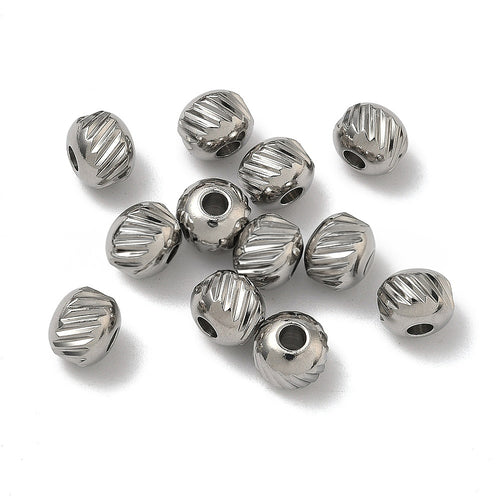 304 Stainless Steel Beads, Round with Twill, Stainless Color, 6x5mm, Hole: 1.5mm, 50 beads per lot