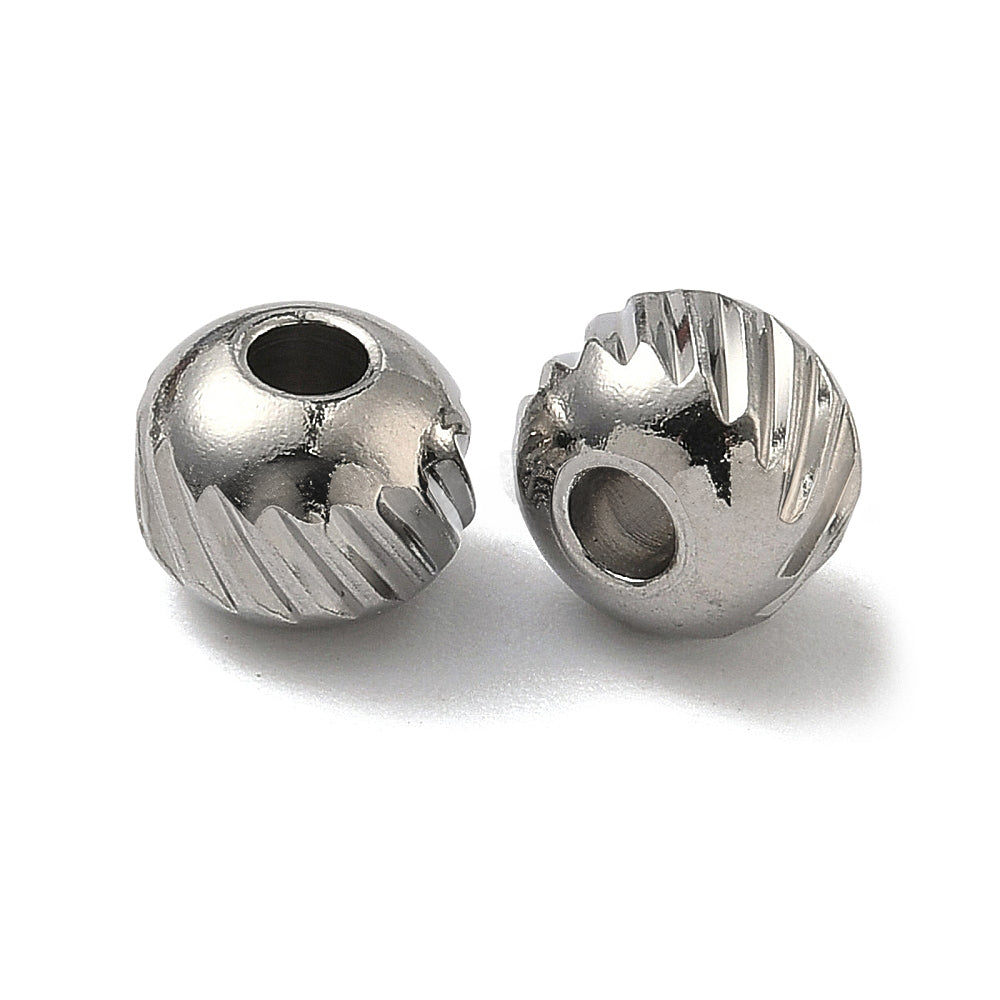 304 Stainless Steel Beads, Round with Twill, Stainless Color, 6x5mm, Hole: 1.5mm, 50 beads per lot
