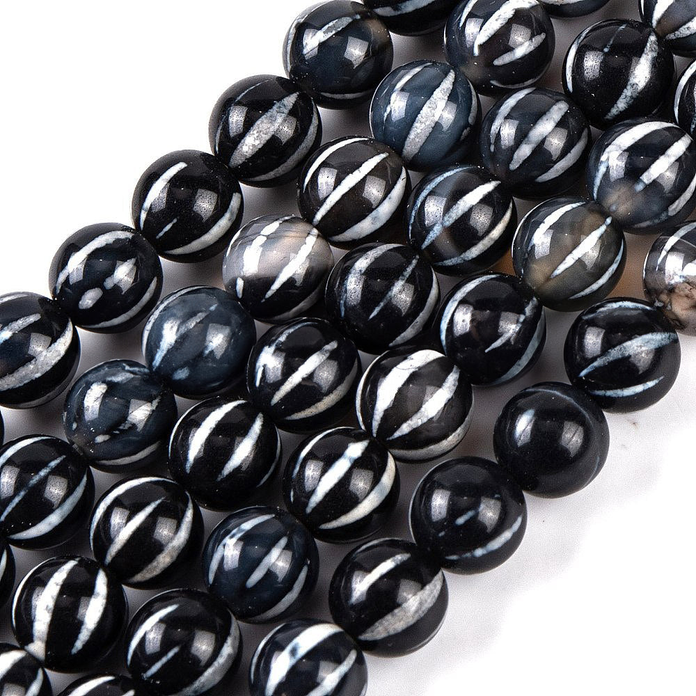 Perles Chapelets de style tibétain DZI noir avec motif blanc - 8 mm