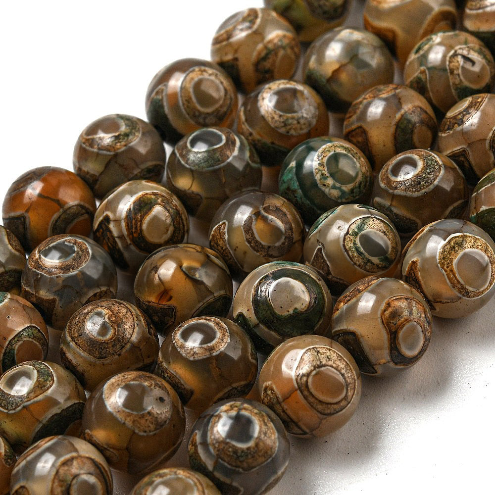 Dark brown agate 3-eyed DZI Tibetan style beads - 8 mm