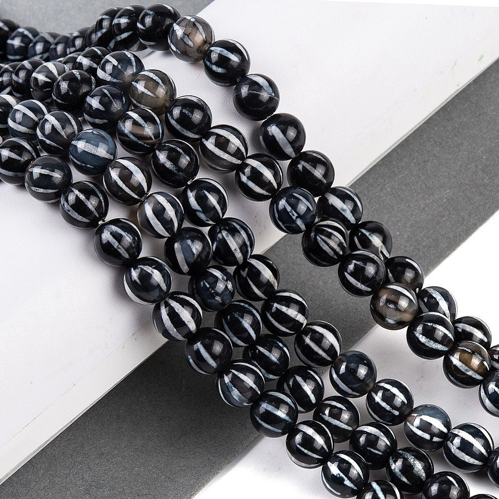 Perles Chapelets de style tibétain DZI noir avec motif blanc - 8 mm