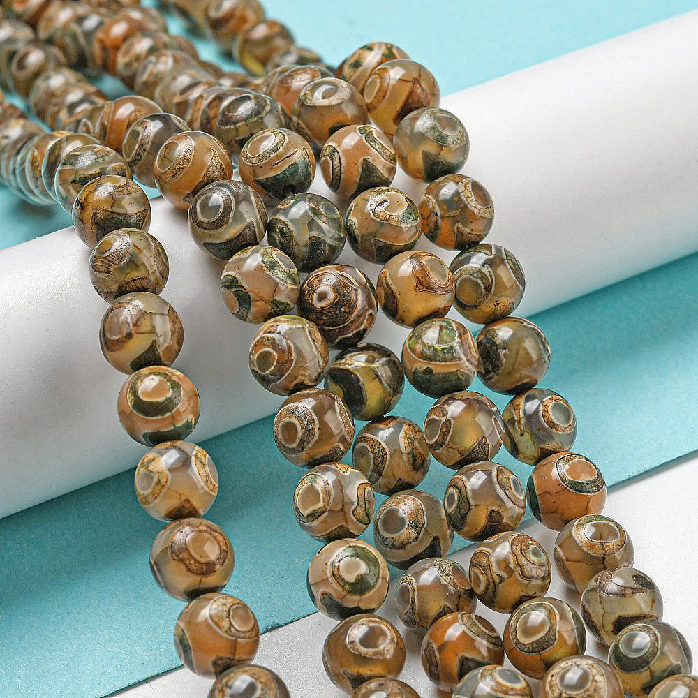 Dark brown agate 3-eyed DZI Tibetan style beads - 8 mm