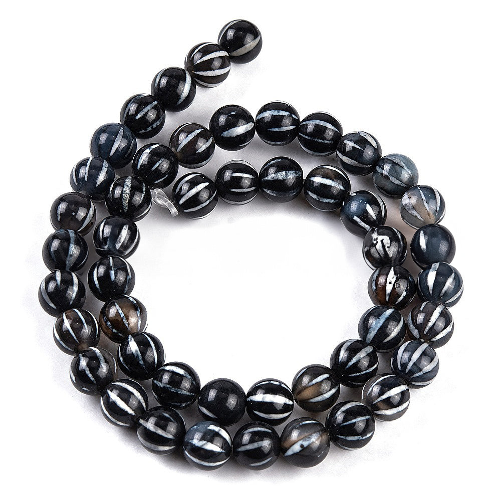 Perles Chapelets de style tibétain DZI noir avec motif blanc - 8 mm