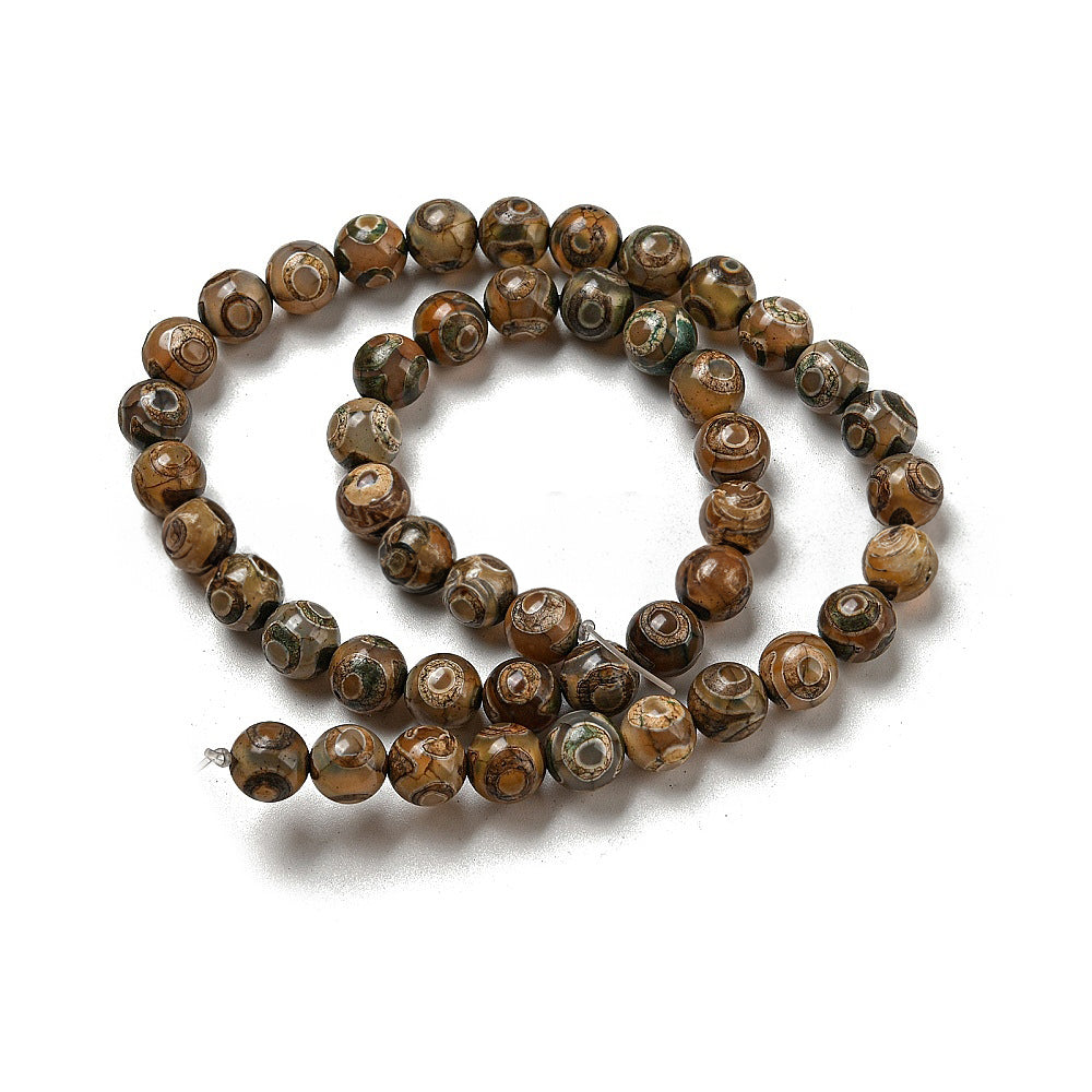 Dark brown agate 3-eyed DZI Tibetan style beads - 8 mm