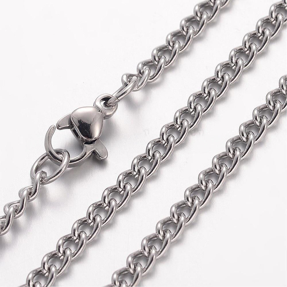 304 Stainless Steel Necklace, Curb Chains, with Lobster Claw Clasps, Stainless Steel Color, 60 cm, 2.8mm, 10 Pieces Per Lot