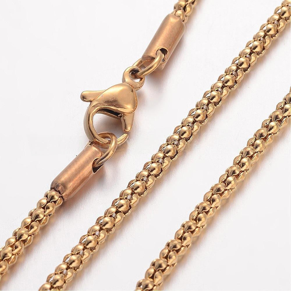 304 Stainless Steel Necklace, Popcorn Chains, with Lobster Claw Clasps, Gold Color, 45cm, 2.4mm, 10 Pcs/lot
