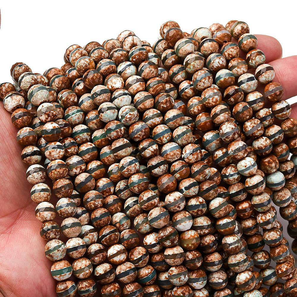 Perles Chapelets de style tibétain agate DZI à facettes avec motif rayures - 8 mm