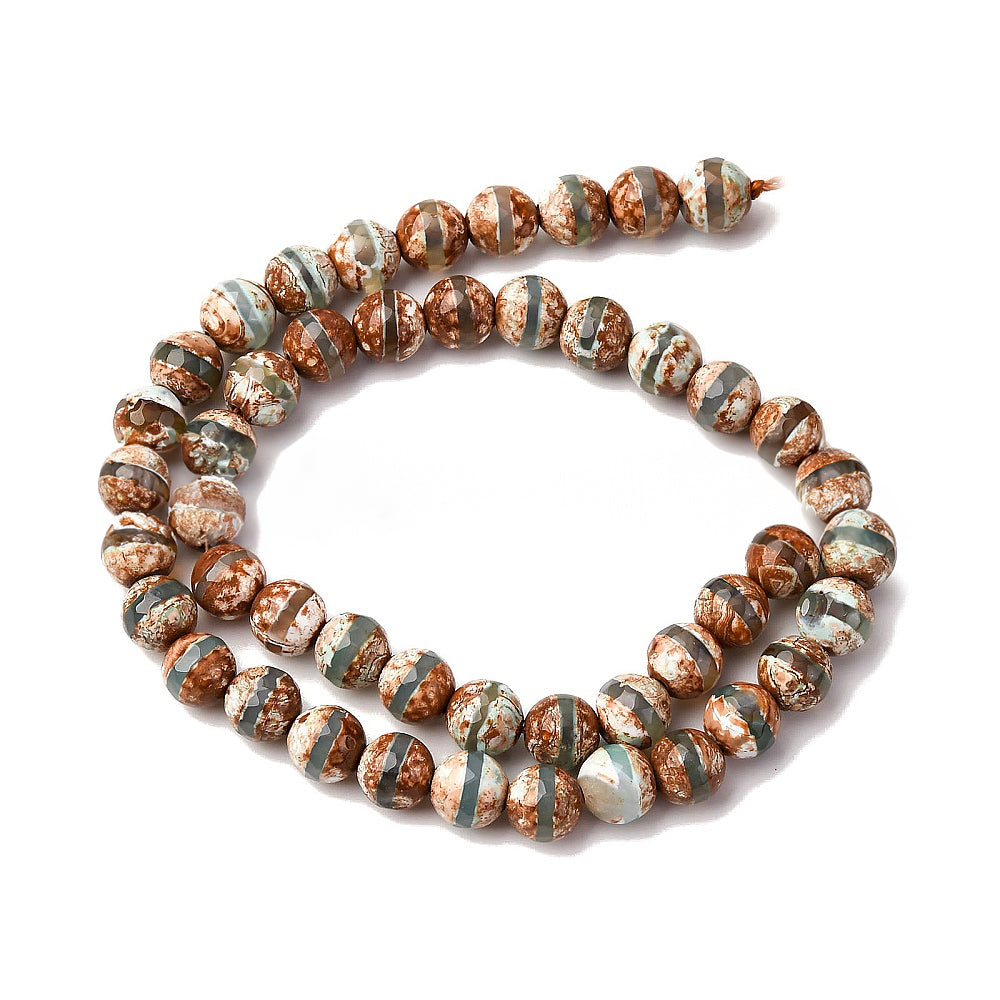 Perles Chapelets de style tibétain agate DZI à facettes avec motif rayures - 8 mm