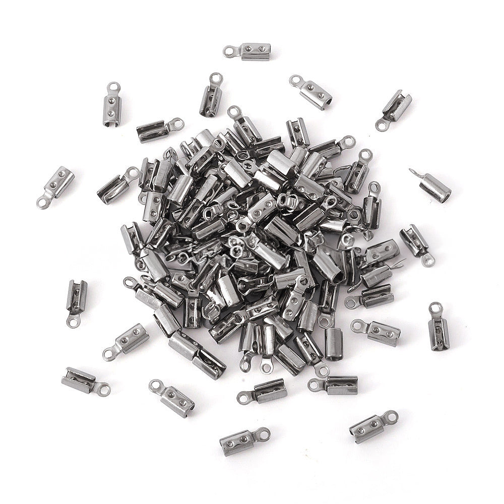 304 Stainless Steel Fold-over Crimp Ends, Steel Color, 8.5x3mm, Hole: 1.2mm, inner diameter: 2.5mm, 200pcs
