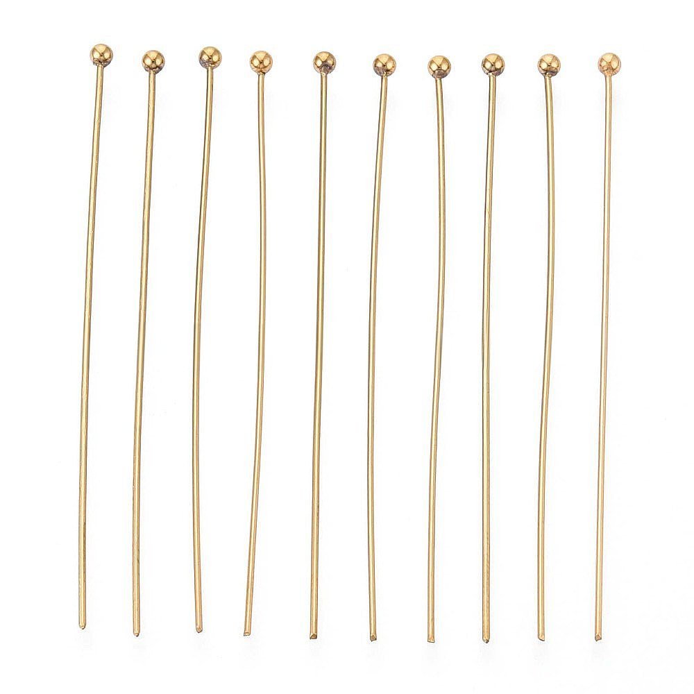 304 Stainless Steel Headpins, Real 18k Gold Plated, 50mm, Head: 2mm, 50 Pieces Per Lot
