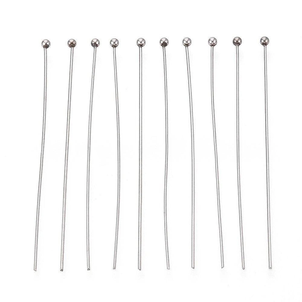 304 Stainless Steel Head Pins, Steel Color, 50mm, Head: 2mm, 100 Pieces per Lot