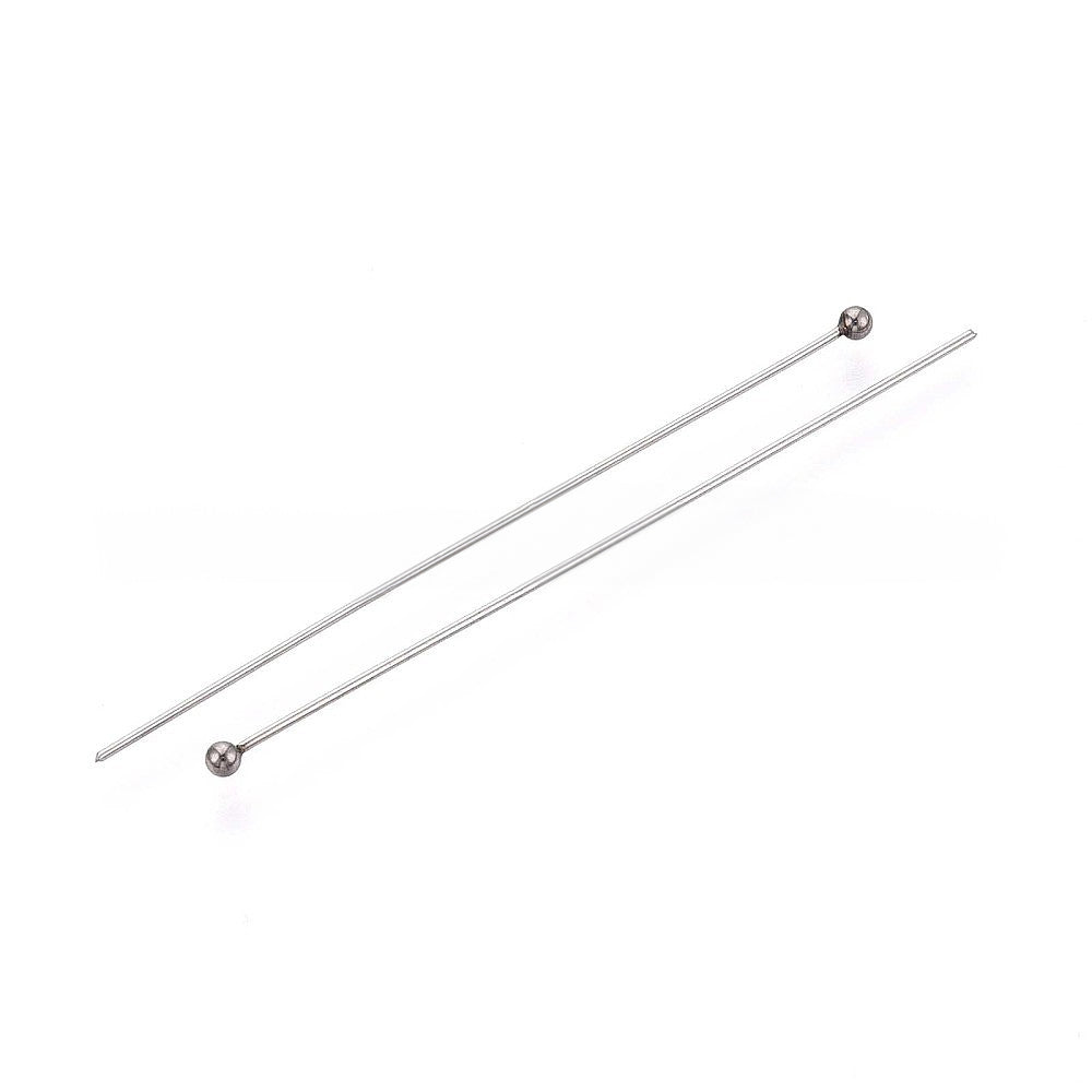 304 Stainless Steel Head Pins, Steel Color, 50mm, Head: 2mm, 100 Pieces per Lot