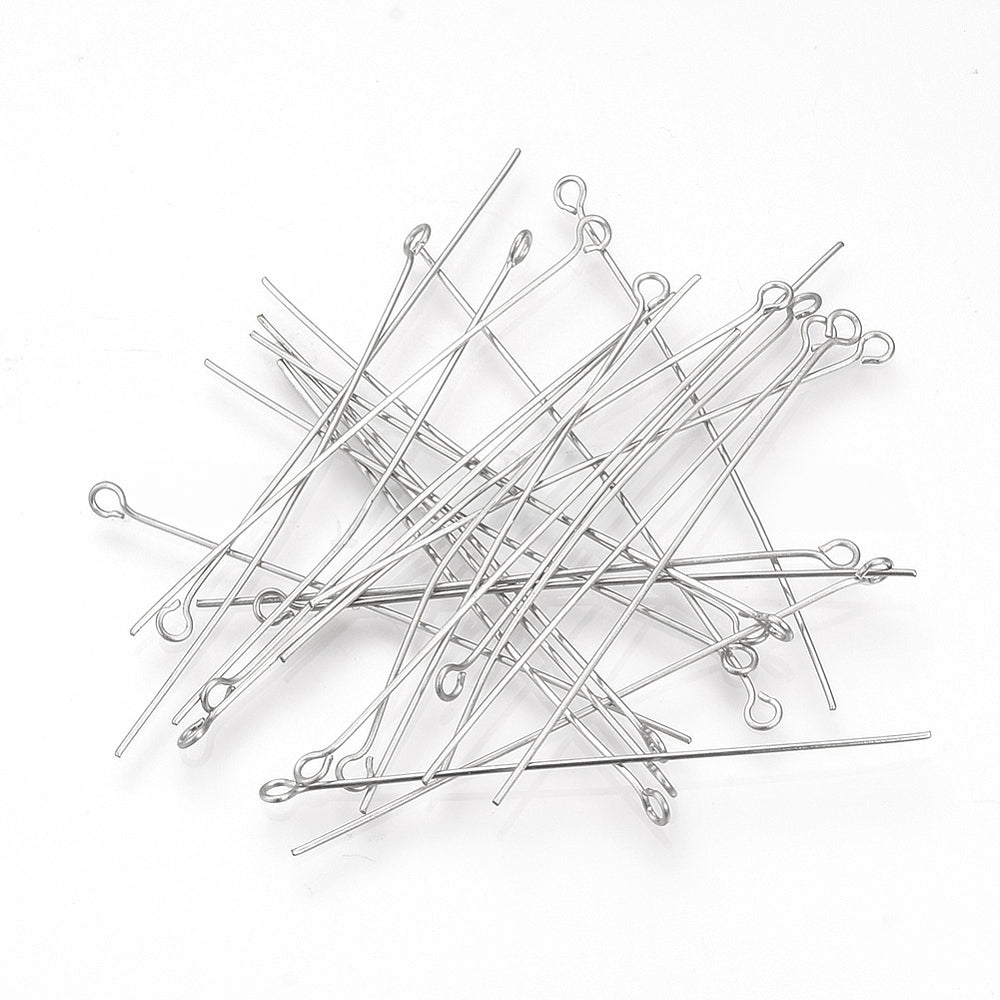 304 Stainless Steel Eyepins, Steel Color, 50mm, Hole: 1.9x2mm, Pin: 0.6mm, 200pcs/lot