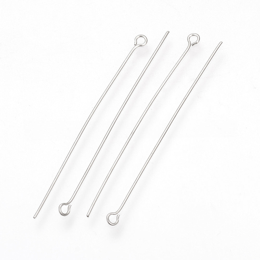 304 Stainless Steel Eyepins, Steel Color, 50mm, Hole: 1.9x2mm, Pin: 0.6mm, 200pcs/lot